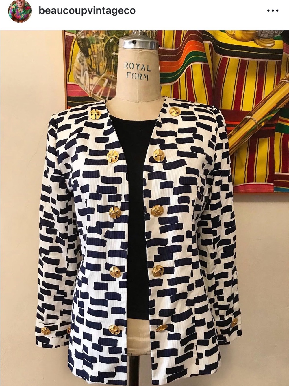 Vintage Navy & White Patterned Open Fit Women's Jacket Blazer